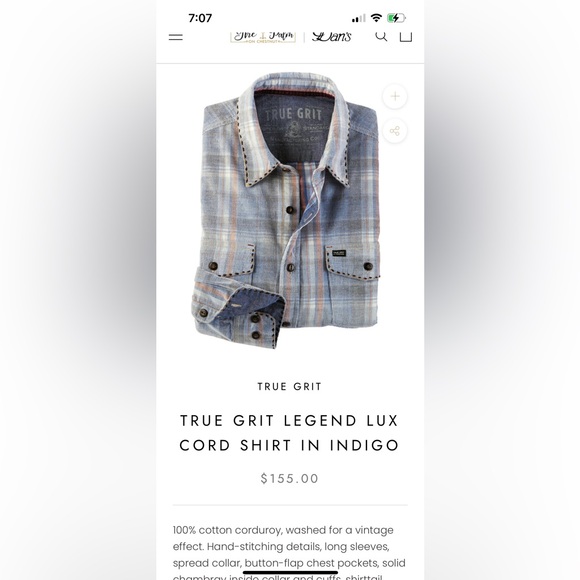 TRUE GRIT LEGEND LUX CORD SHIRT IN INDIGO - Picture 1 of 2